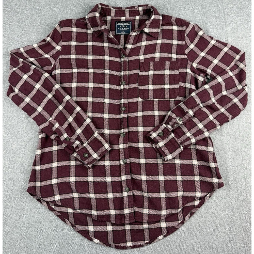 Abercrombie & Fitch Womens XS Plaid Flannel Button Front Shirt Burgundy Pink